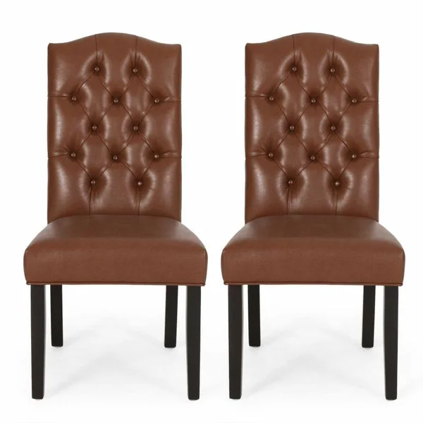 Noble House Motson Upholstered Tufted Dining Chairs, Set of 2, Cognac Brown and Dark Brown