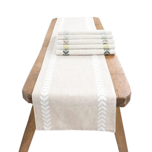 Manor Luxe 15 in. x 90 in. Cute Leaves Crewel Embroidered Table Runner - White/Natural