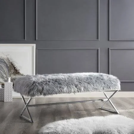 Inspired Home Nicole Faux Fur Backless Bedroom Bench, Gray