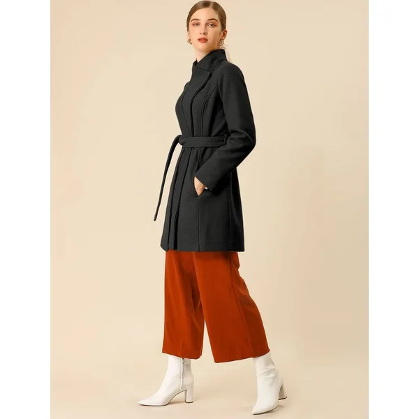 Women's Stand Collar Winter Belted Long Coat - Light Brown - Xs
