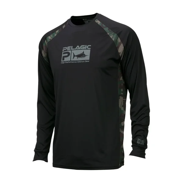 Pelagic Mens Vaportek Sideline Fish Camo Sunshirt Black - Green Large