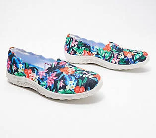 Skechers Knit Scalloped Slip-On Shoes - ReggaeFest, Size 5 Medium, Black Floral