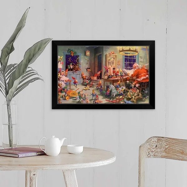 Santa and Elves - Workshop, Black Framed Wall Art, 24x16, Great Big Canvas