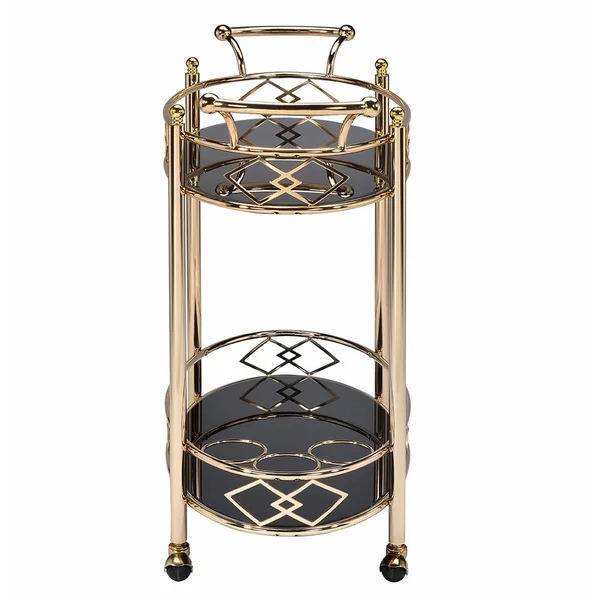 Benzara Metal Framed Serving Cart with Tempered Glass Top and Open Bottom Shelf, Gold and Black