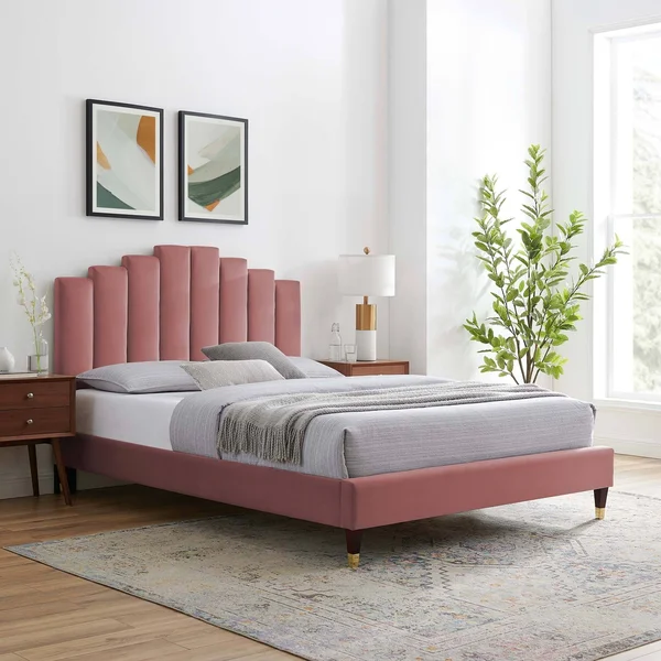 Modway MOD-6874-PNK Pink Elise Full Performance Velvet Platform Bed