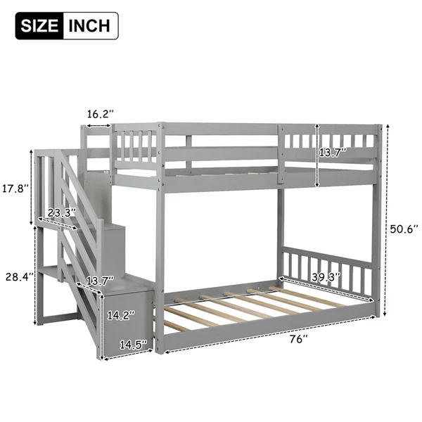 Twin Over Twin Floor Bunk Bed - Ladder with Storage - White