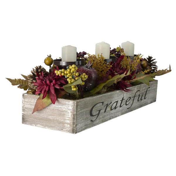 Northlight 24x22 Autumn Harvest Pomegranate 3-Piece Candle Holder in A Grateful Rustic Wooden Box Centerpiece