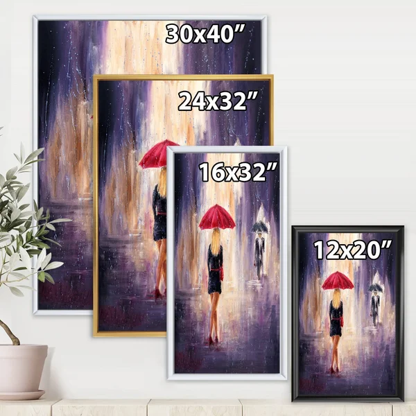 Designart 'The Woman with The Umbrella Walking in The Rain II' French Country Framed Canvas Wall Art Print - 12 in. Wide x 20 in