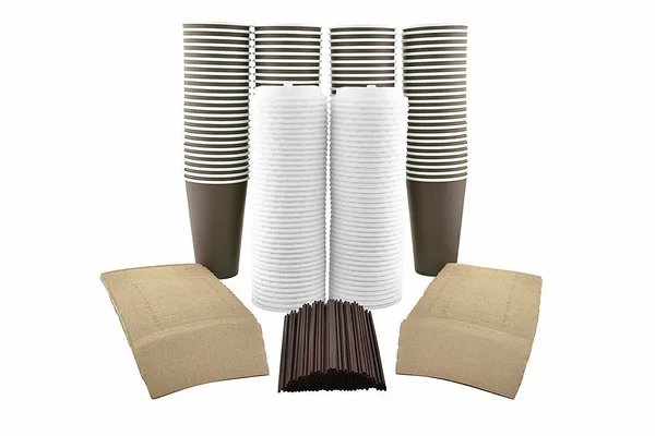 100 Pack - 16 oz [8, 12, 20] Disposable Hot Paper Coffee Cups, Lids, Sleeves, Stirring Straws