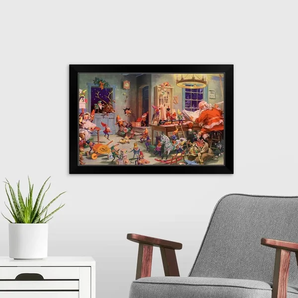 Santa and Elves - Workshop, Black Framed Wall Art, 24x16, Great Big Canvas