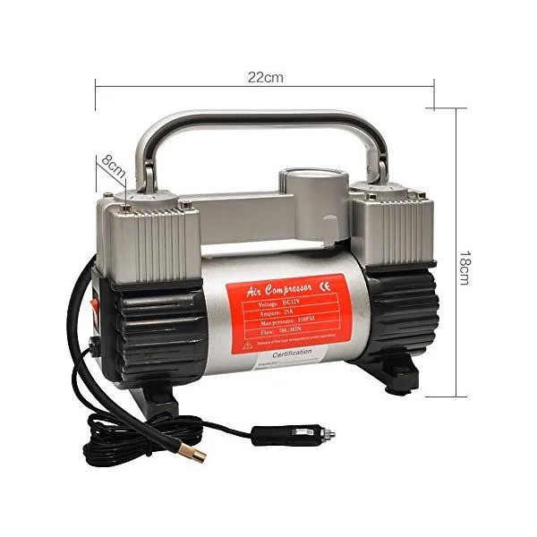 GSPSCN Silver Tire Inflator Heavy Duty Double Cylinders with Portable Bag, Metal 12V Air Compressor Pump 150PSI with Adapter for