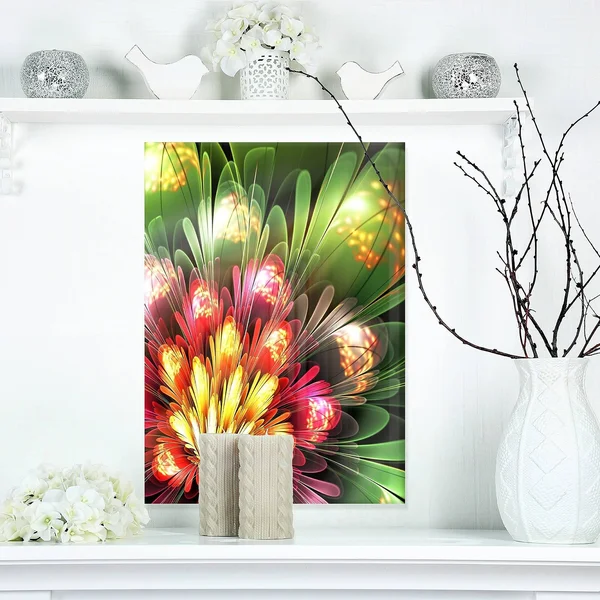 Design Art Fractal Flower Red and Green - Floral Digital Art Glossy Metal Wall Art - Size: 30 in. Wide x 40 in. High, Safety Yell