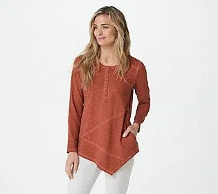 Logo by Lori Goldstein Distressed Cotton Slub Henley Top - Size X-Small, Burnt Brick