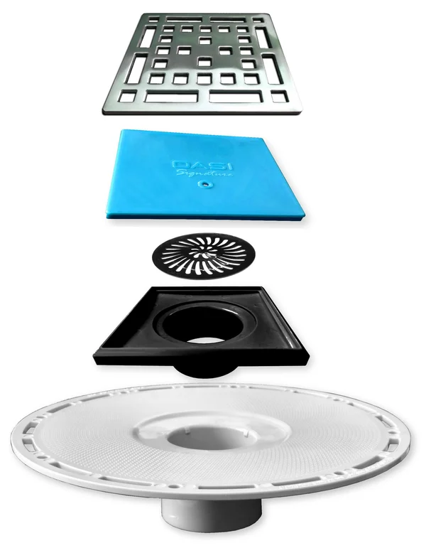 Square Shower Drain Kit with Stainless Steel Grate - Bonding FLANGE, Hair Catcher, and Height Adjuster - Classic - Polished Chrom