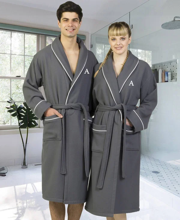 Linum Home Textiles Hotel Turkish Cotton Waffle Terry Bathrobe with Satin Piped Trim - Personalized - Dark Gray