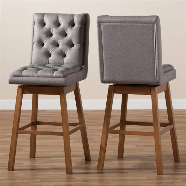 Bowery Hill 31x22 Fabric Tufted Swivel Bar Stool in Gray and Walnut (Set of 2)