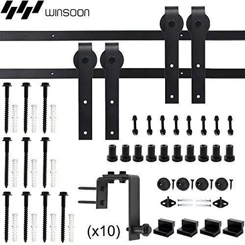 Winsoon 4FT-16FT Metal Sliding Bypass Barn Wood Door Hardware Kit System Bending GCM2782