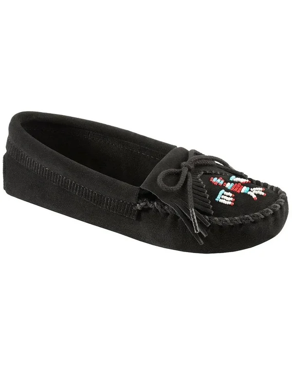 Women's Minnetonka Thunderbird Soft Sole Suede, Size: 6, Black