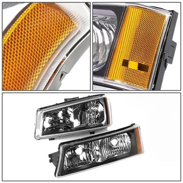 DNA Motoring for 03-06 Chevy Silverado/Avalanche 4pcs Headlight+Bumper Lamp Black Housing Amber Corner 1 Gen 04 05 Left+Right