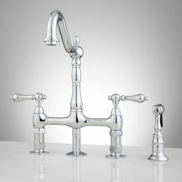 Signature Hardware 907295 Bellevue Bridge Kitchen Faucet with Brass Sprayer - Lever Handles Polished Brass Faucet Kitchen Double