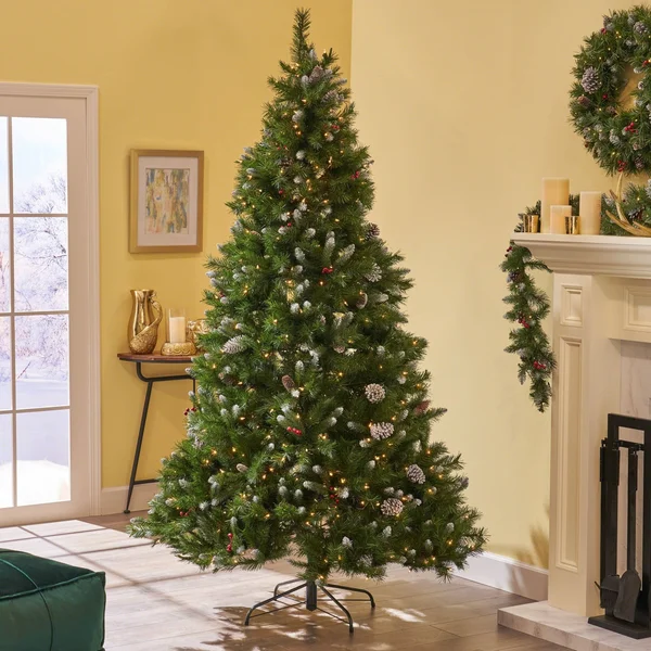 Noble House 7.5 ft. Unlit Christmas Tree with Frosted Pinecones in Green