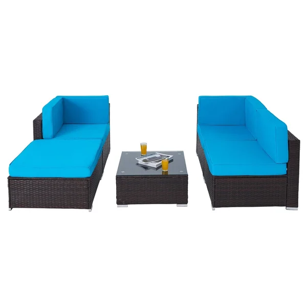 CO-Z 5 Pcs Outdoor Patio Furniture Set - Sectional Sofa, Table - Walnut & Blue, 29.5 x 29.5 x 25 in