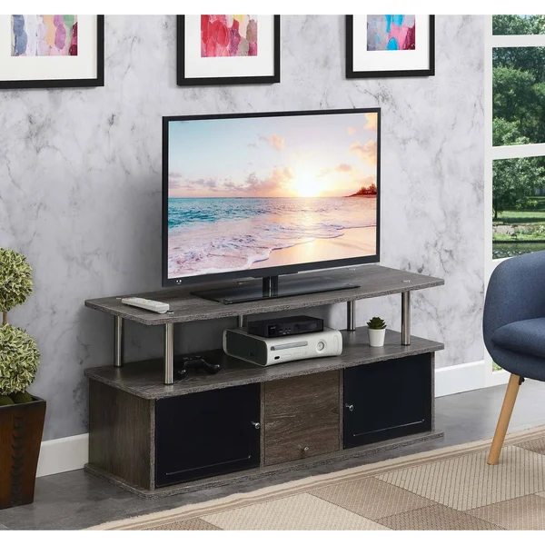 Designs2Go TV Stand with 3 Storage Cabinets and Shelf in Weathered Gray/Black - Convenience Concepts 151202WGY