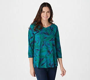 Logo by Lori Goldstein Distressed Cotton Slub Printed Top, Size Large, Emerald Green