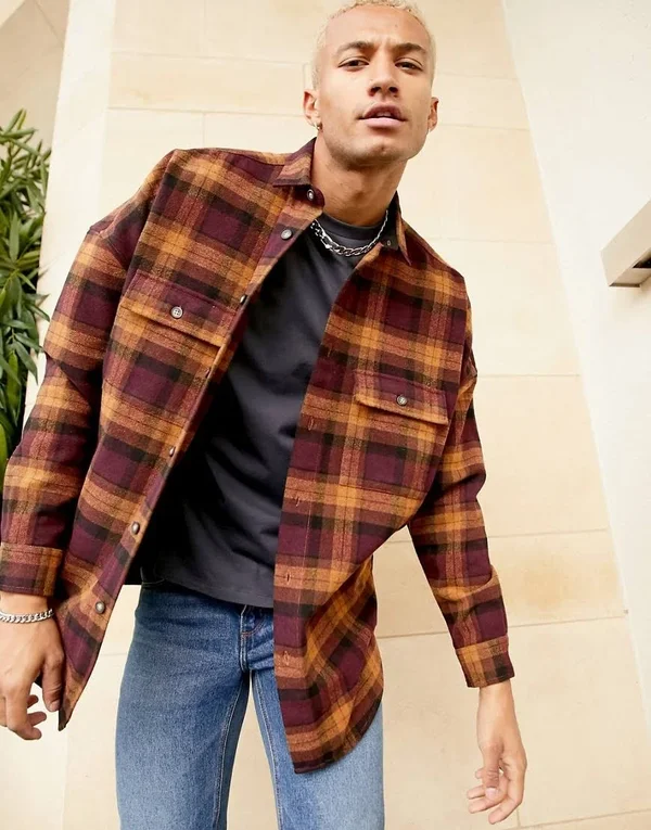 ASOS Design 90s Oversized Wool Heavy Check Shirt in burgundy-Red