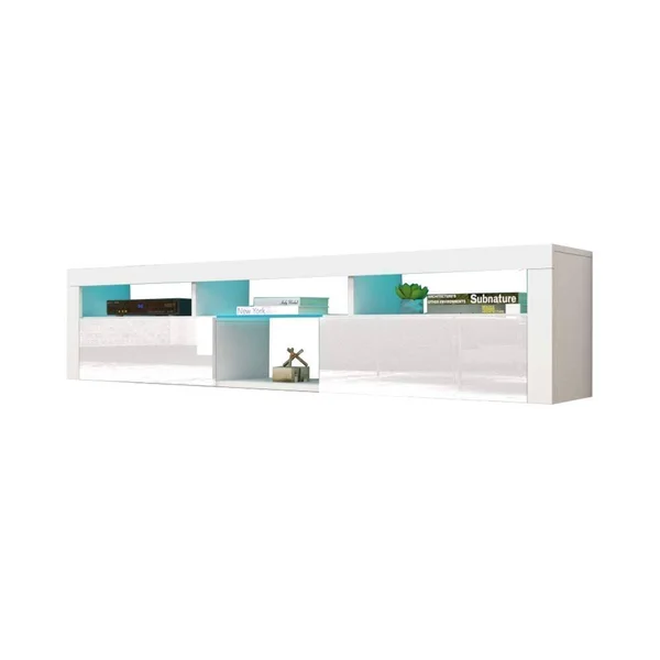 Meble Furniture & Rugs Bari 200 Wall Mounted Floating 79x22 TV Stand with 16 Color LEDs - White