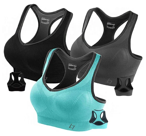 Fittin Womens Padded Sports Bras Wire Free with Removable Pads Grey/black