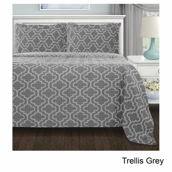 Superior Reversible Brushed Cotton Flannel Trellis Duvet Cover Set (Solid Grey - 3 Piece - King/California King - Modern & Conte