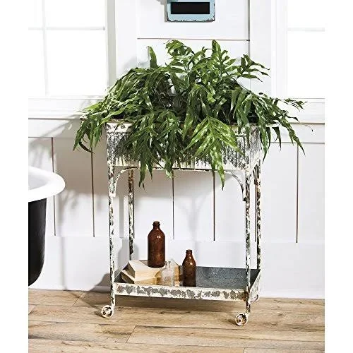 Evergreen Enterprises White Washed Galvanized Metal 2-Tier Cart, 30.9 x 32.1 x 14.4 inches