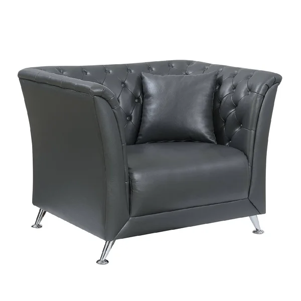 Benzara - Button Tufted Leather Upholstered Chair with Pillow in Gray