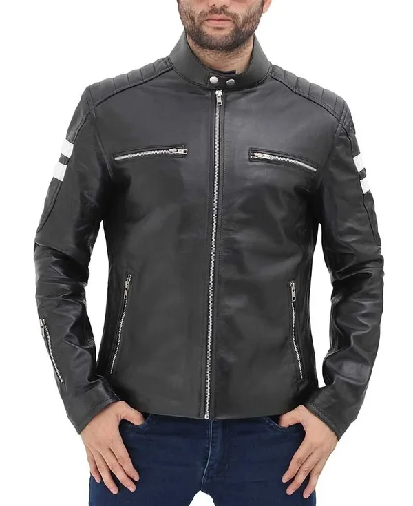 Raymond Mens Black Biker Leather Jacket by Fan Jackets