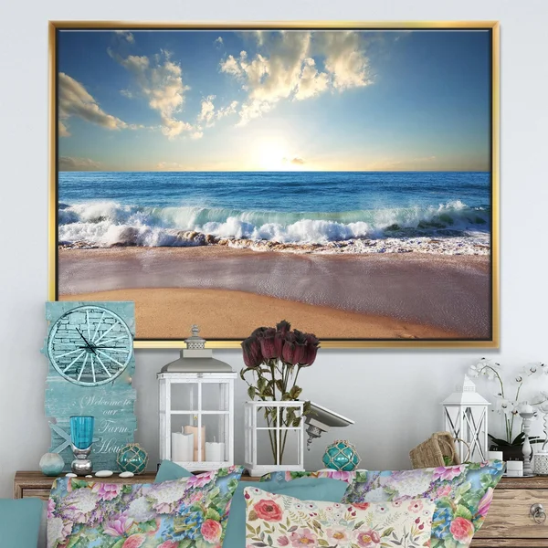 Designart 'Sea Sunset' Seascape Photography Framed Canvas Art Print - 32 in. Wide x 16 in. High - Gold