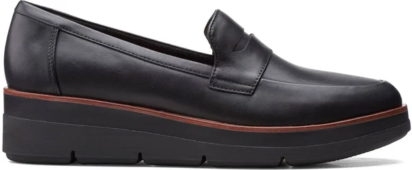 Clarks Shaylin Step Wedge Penny Loafer, Size 10 in Black Leather at Nordstrom