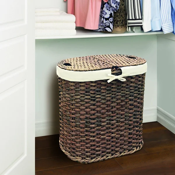 Seville Classics Hand-Woven Oval Double Laundry Hamper /w Liner Mocha