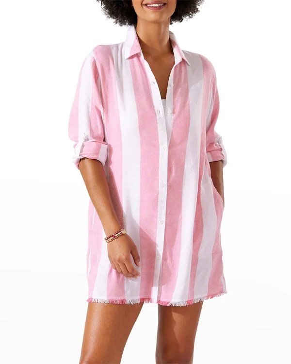 Tommy Bahama Rugby Beach Stripe Boyfriend Shirt - Coral Coast, Women's, S, Swimwear Swimsuits Bathing Suits Swim Coverups & C