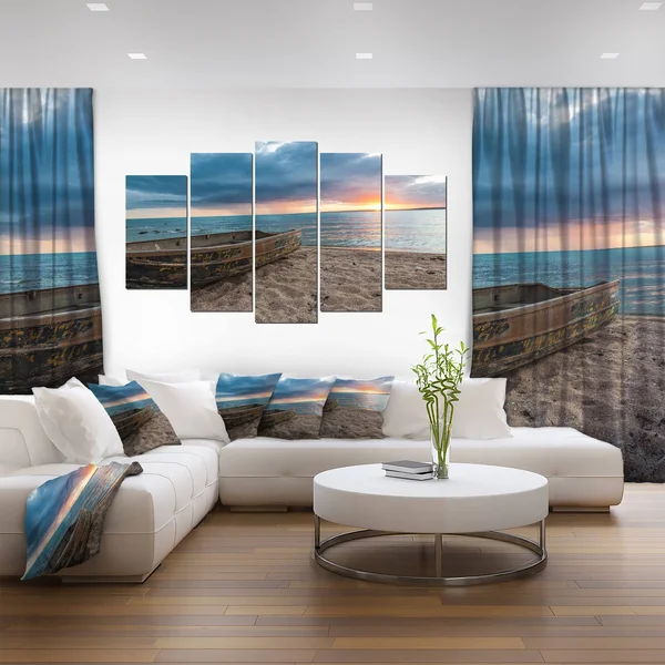 Design Art Rusty Row Boat on Sand at Sunset 5 Piece Photographic Print on Wrapped Canvas Set, Brown