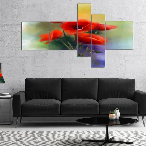 Designart 'Watercolor Red Poppy Flowers ' Floral Canvas Art Print - 60 in. Wide x 32 in. High - 5 Panels
