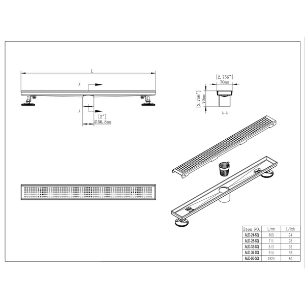Shower Linear Drain 28 inch Square Checker Pattern Grate Stainless Steel - w/Threaded Adaptor and Adjustable Leveling Feet - Silv