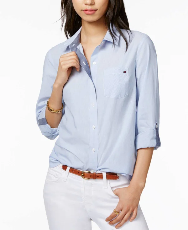 Tommy Hilfiger Women's Cornell Stripe Roll Tab Button Down Shirt - Cornflower Blue - XL