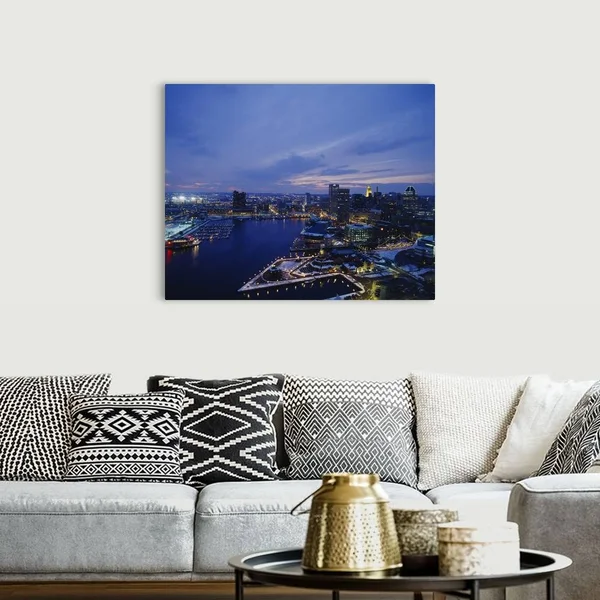 High Angle View of A City Lit Up at Dusk, Baltimore, Maryland, Canvas Wall Art, 45x36, Great Big Canvas