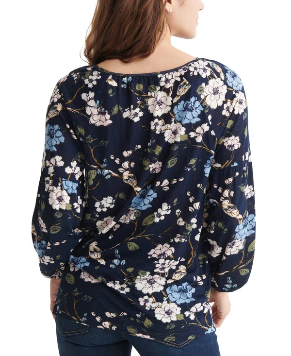 Lucky Brand Peasant Top 2 Women's Blouse Navy Multi : XL (US 12-14)