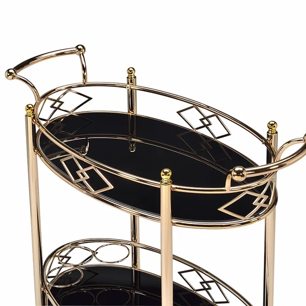 Benzara Metal Framed Serving Cart with Tempered Glass Top and Open Bottom Shelf, Gold and Black