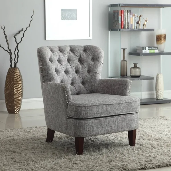 Bentley Button Tufted Accent Chair with Nailhead TRIM, Gray-White