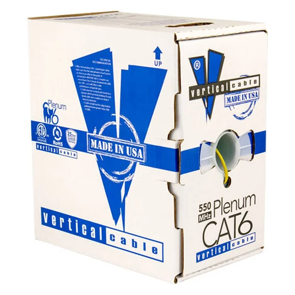 Vertical Cable Cat6 - 550 MHz, UTP, 23AWG, 8C Solid Bare Copper, Plenum, 1000ft, Yellow, Bulk Ethernet Cable - Made in USA