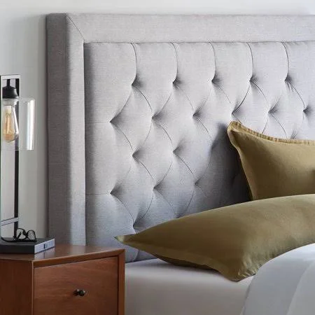 Rest Haven Upholstered Headboard with Diamond Tufting and Rectangle Bordered Edges, Queen, Gray