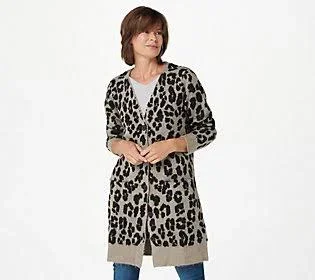 Logo by Lori Goldstein Leopard Jacquard Cardigan, Size 3X, Light Mocha
